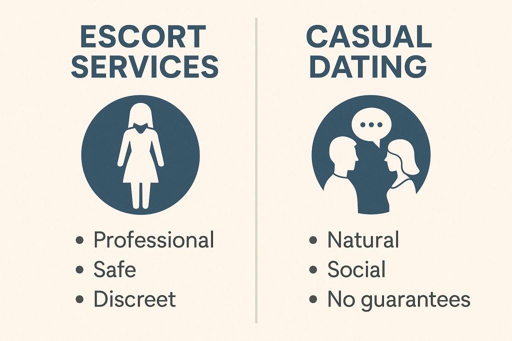 Infographic που συγκρίνει επαγγελματικές escort υπηρεσίες με casual dating site για ενήλικες.
