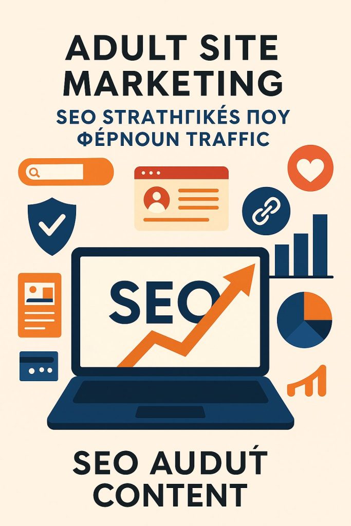 Infographic για SEO στρατηγικές σε adult site με γραφήματα αύξησης traffic και laptop.